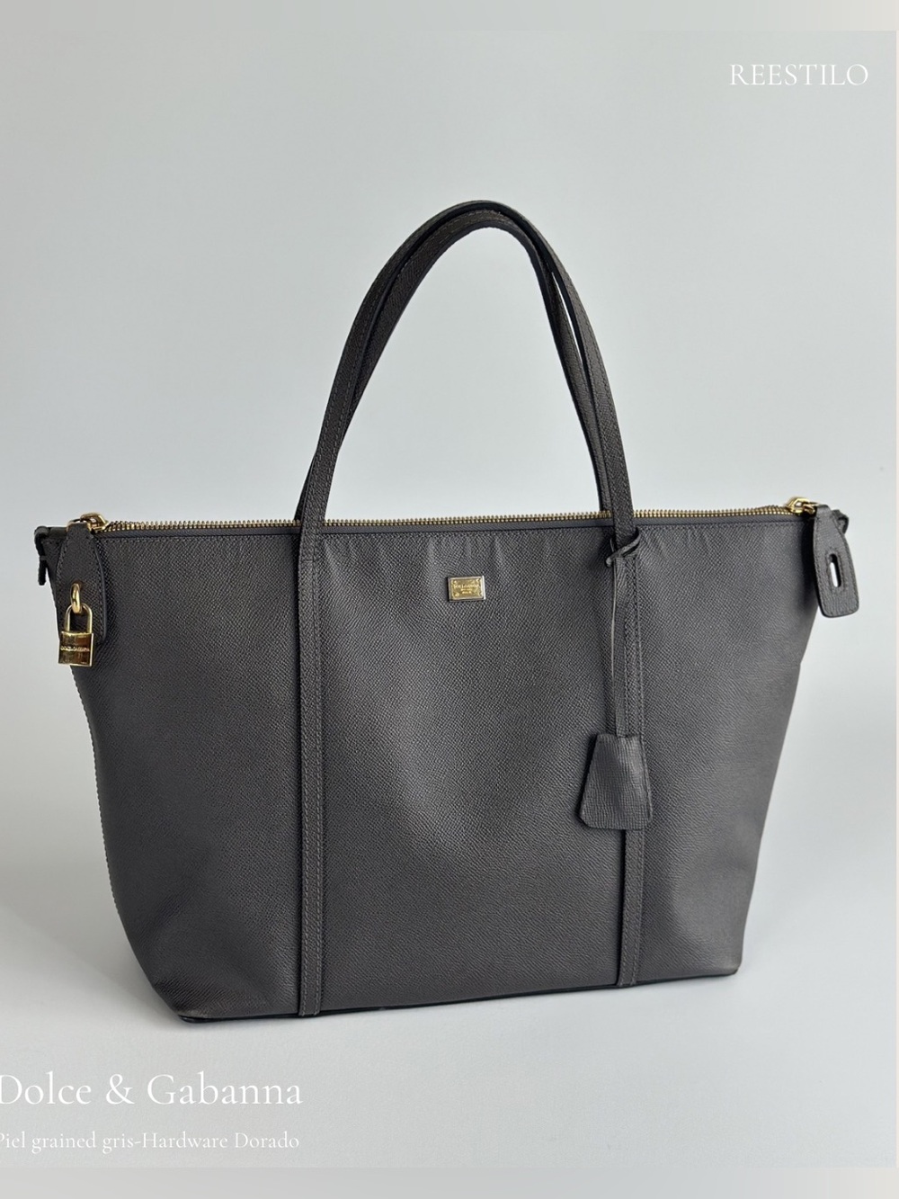 Dolce & Gabbana gray saffiano leather tote bag with gold hardware lock key large